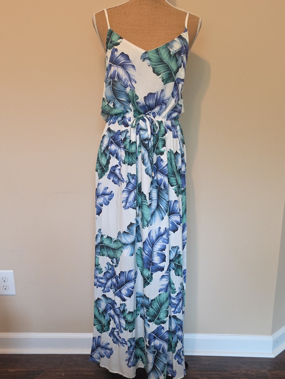 White Maxi Dress with Blue & Green Tropical Leaf Print